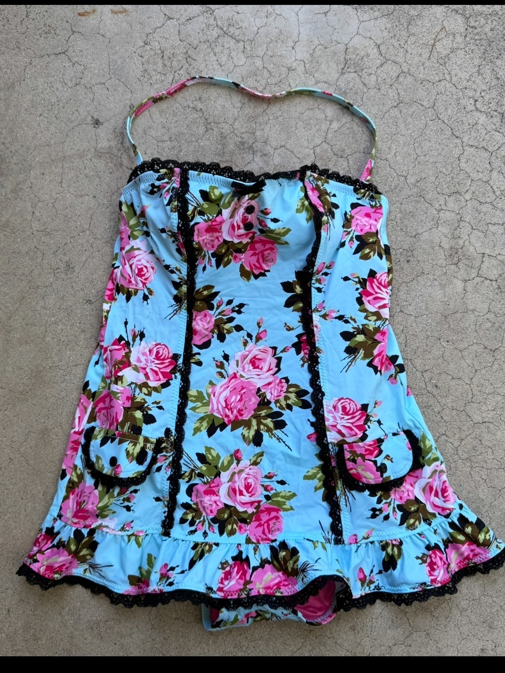 Betsey Johnson Swimsuit Dress Gypsy Rose blue Pink floral Ruffle retro pinup S